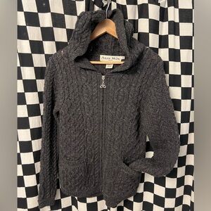Aran Mor Merino Wool Hooded Zip Up Sweater